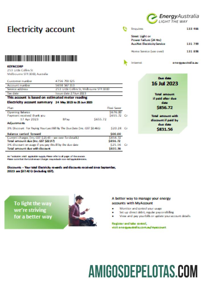 Projeto de lei de serviços públicos de eletricidade da Energy Australia SCR exemplo real